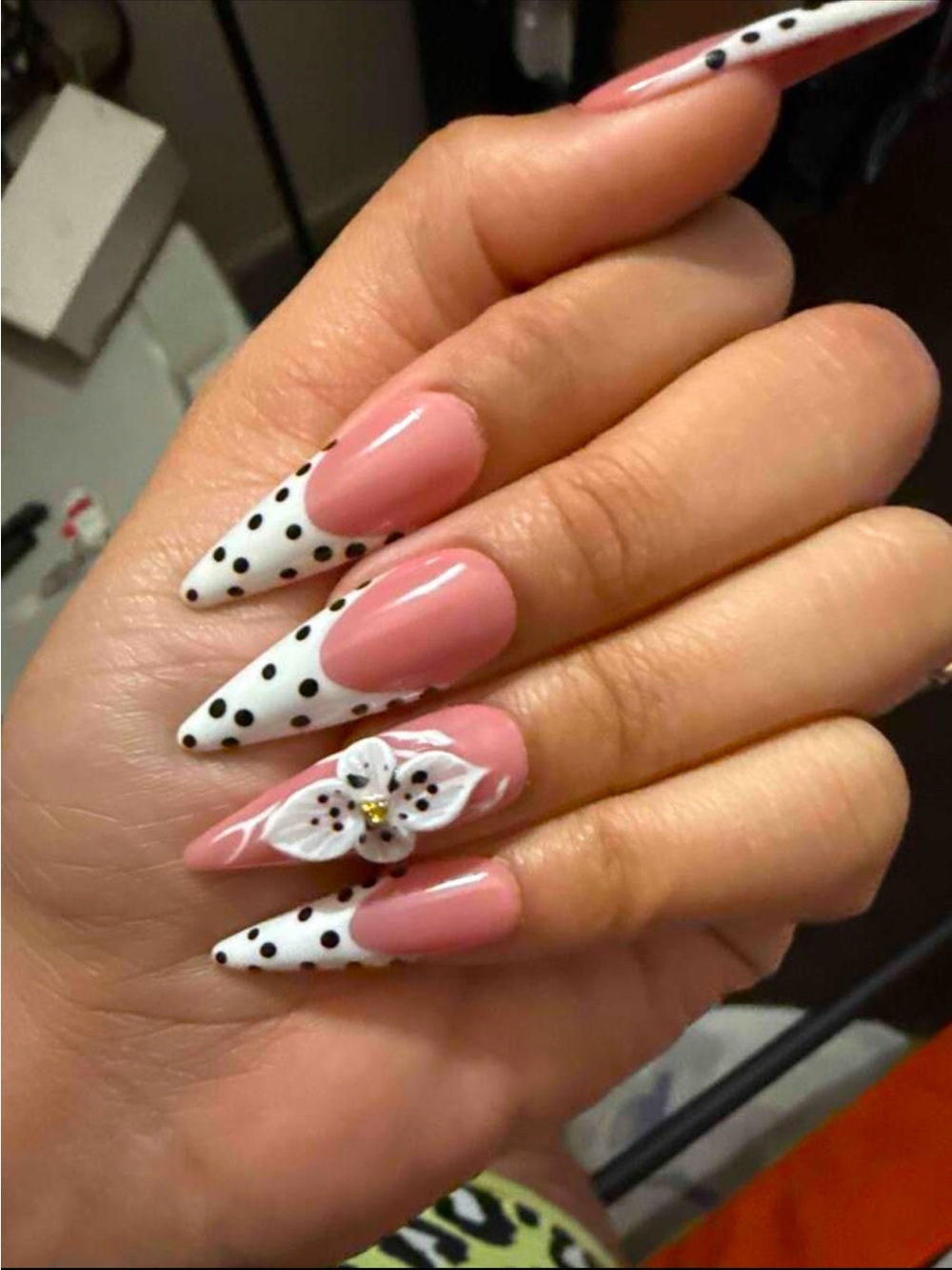 Pink and White Stiletto Press-On Nails with Black Polka Dots and 3D Flower
